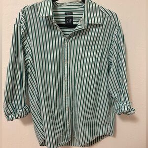 GAP Women's Green and White Striped Button-Down Shirt